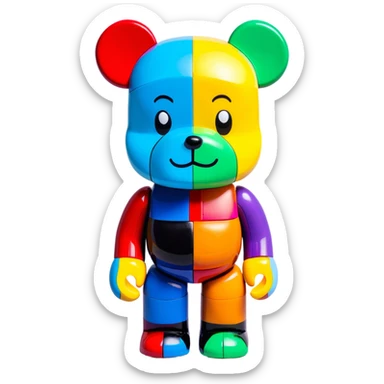 Bearbrick figure with classic KAWS crossed-out X eyes, colorful bear-shaped collectible toy with articulated limbs sticker