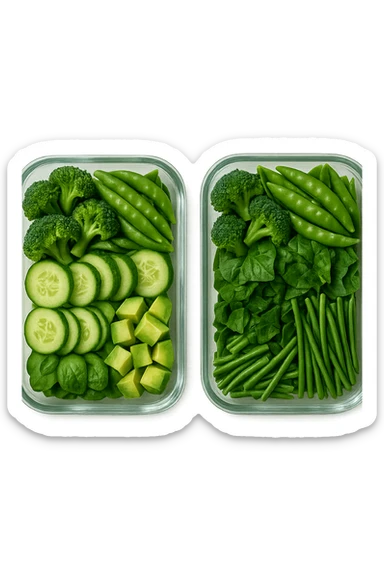 verdure tagliate e sistemate in due schiscette di vetro viste dall'alto, iperrealistico 4k sticker