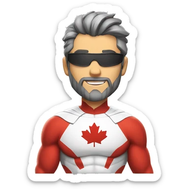 a male canadian superhero, light beard, wearing red and white clothes ¨has a mapple leaf on chest and dark grey hair in a ponytail sticker