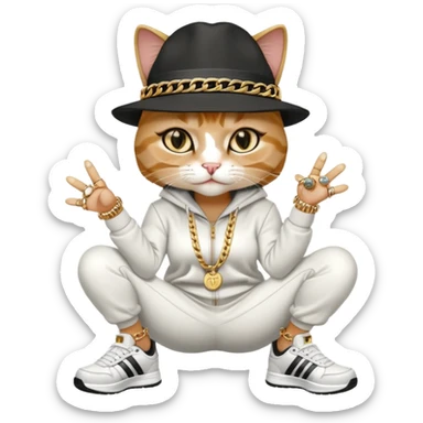 female cat wearing Run DMC hip-hop outfit with tracksuit, fedora, Adidas sneakers, many gold chains, rings, bracelets, flashy earrings, eyes averted, talking to a friend, no sunglasses sticker