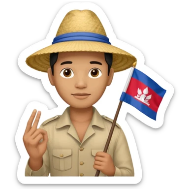 Cambodian man Tourist Guide with small cambodian flag in hand and traditional cambodian hat sticker