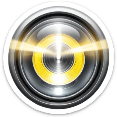 A car headlight, shining brightly with a focused beam of light, cutting through the dark, illuminating the road ahead. The light is intense and clear, often with a white or yellowish glow sticker