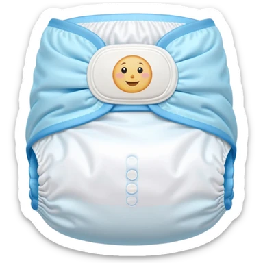 single disposable baby diaper, gently curved and puffy, soft white material with pastel blue edges, elastic leg bands, folded sides, no baby or accessories, soft lighting, subtle shadows, emoji scale sticker