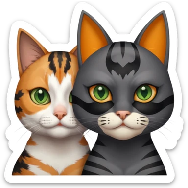 A grey tabby cat with dark grey stripes and green eyes sitting next to a calico cat with orange eyes, calico cat has dark fur around her eye almost like a Batman mask sticker
