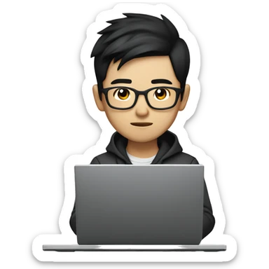 Cool asian boy, wearing glasses, with sharp features, focused expression. Short black hair, stylish casual clothes. Sitting at a computer, coding on the screen. High-tech environment, soft lighting, modern and sleek.  sticker