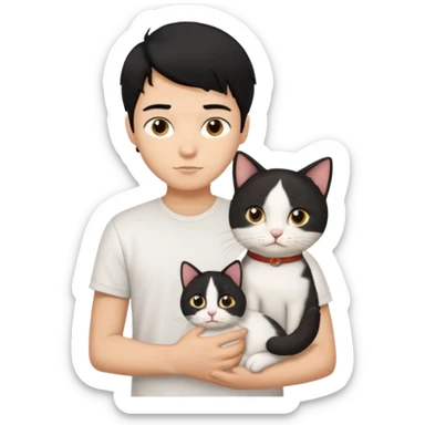 generate a pretty bratz emoji of a boy with black hair wearing a white tshirt and holding a cat  sticker