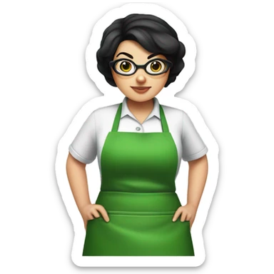 chubby lady with black hair and big eyes green apron  with glasses cooking  sticker