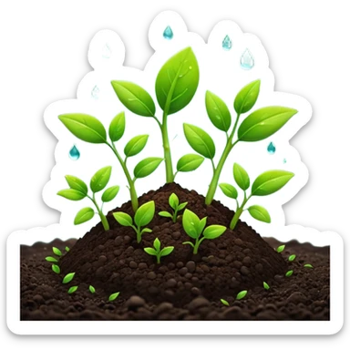 A 3D cartoon view of small green seedlings sprouting from dark soil, soft sunlight, water droplets on leaves, minimal background, realistic Memoji-style look. sticker
