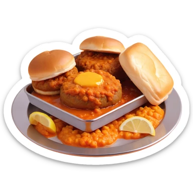 3D illustration of pav bhaji on shiny stainless steel plate with thick orange-red bhaji topped with a cube of melting butter, two fluffy buttered pav buns, chopped onions, lemon wedge, bright vibrant colors, soft shadows, isometric or slightly top-down view, plain warm-toned background sticker