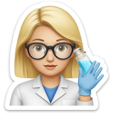 Eine hellblonde Chemikerin mit Kittel, Handschuhen, großer Labor-Sicherheitsbrille und typischem Erlmeyerkolben in der Hand sticker