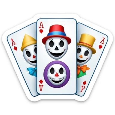 bunch of 3 poker cards, with crazy colorful human jolly jokers inside, inversed face, cuphead style sticker