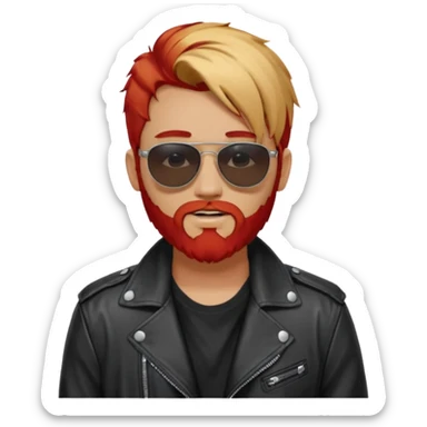 generate an ios genmoji of a 20 year old tan boy with black sunglasse Wearing a leather jacket. Has a dyed blonde beard and veryyyyy long red sticker