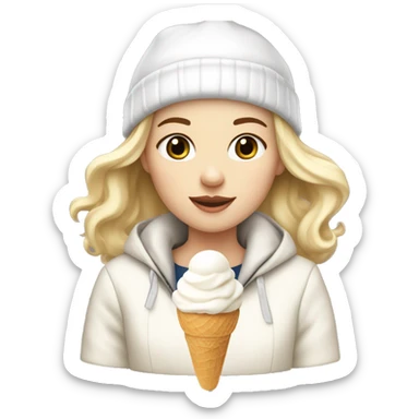 A girl with pale skin holding a vannila ice cream with a white jacket and a white beanie sticker