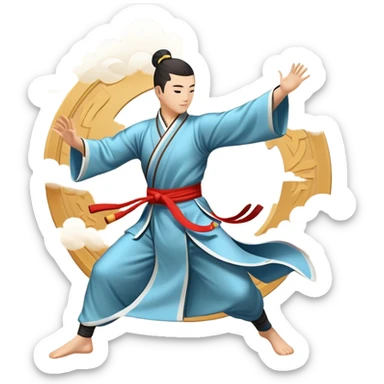 Emblem symbolizing Wushu martial arts. A graceful martial artist performs a dynamic kung fu pose, with flowing movements and a long, elegant robe. The background features stylized clouds and traditional Chinese symbols, representing fluidity, balance, and precision. Transparent background. sticker