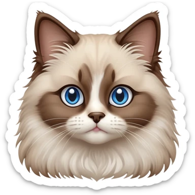 cinematic-fluffy-brown-ragdoll-cat-portrait-emoji,-head-tilted-cutely-with-big,-sparkling-blue-eyes,-soft-brown-and white-colored-fur-with-darker-points-on-the-ears,-face,-and-paws,-simplified-yet-irresistibly-adorable-features, sticker
