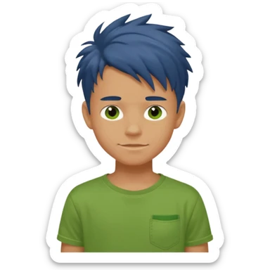 A 14 yerar old teenage boy, slightly tanned, wearing a green tshirt (no shirt pocket), blue jeans and green sneakers with brown tousled hair, smirking sticker