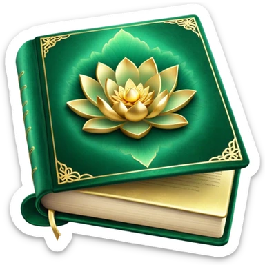 A soft emerald green magic book front cover en terciopelo, with golden details, a ray of light, or a lotus on the cover, radiating presence, tranquility, and spiritual awakening sticker