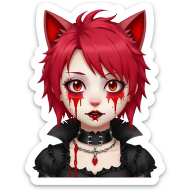 Shiny furry beautiful cute cool gorgeous attractive cute gothic anime cat-girl-lady with bloody hair, bloody lips, bloody face, blood-choker, spiked collar, frills, black dress, red rubies, messy tousled hair  sticker