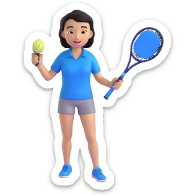 light brown skinned tennis coach, short straight black hair with widow's peak, oval face, small eyes, smiling, holding blue Yonex racket, wearing navy blue dry fit shirt sticker