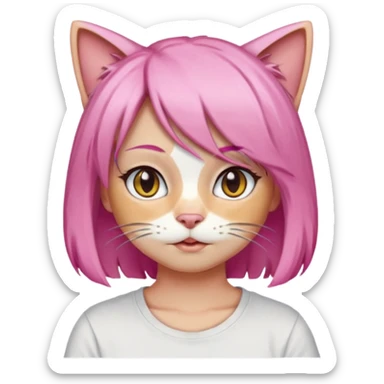 calico cat wear pink hair wig, white T-shirt sticker