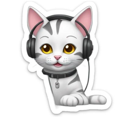 Call center operator cat with a laptop sticker