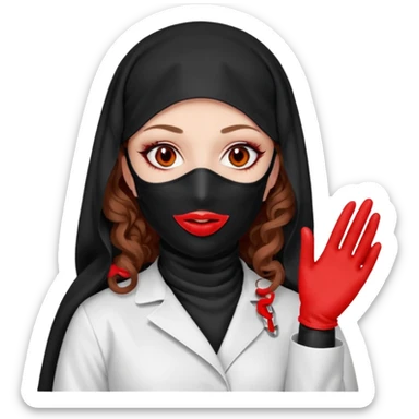 


Scary woman scalpel in hand, evil surgeon sexy surgeon clothes.  She has redcolored  eyes. Her  hair only is free ne brown long curly hair. Wears sexy doctor outfit with red gloves. make her wear full Muslim burka to mask and nose mouth mask  to hide. Wears white surgeon coat, wears  stilettos sticker