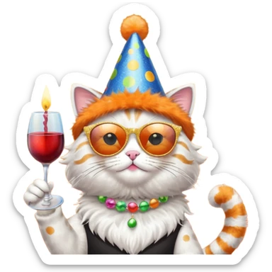 happy cat with a massive glittery birthday hat, black sunglasses, and a wine glass sticker