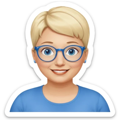 woman 50 years old, very short blonde hair, blue eyes and blue round glasses smile and overweight sticker