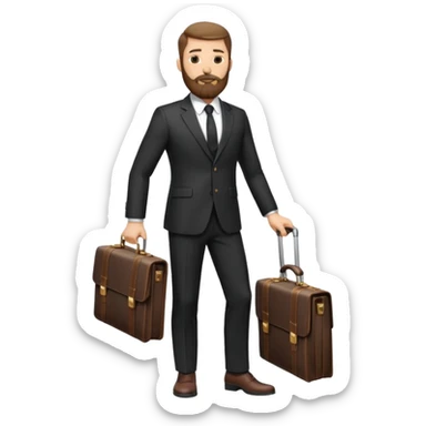 A handsome man, 40+ years old, with a thick beard in a black suit, fair skin, short stylish haircut, full-length photo, wearing an expensive watch, unusual pose, holding a briefcase sticker