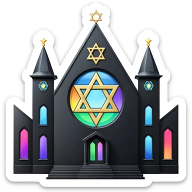 jewish synagogue temple in dark goth aesthetic style with black building and very light rainbow tint glass windows and star of david and celestial symbolism sticker
