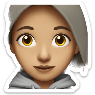 brunette girl with hazel eyes mid length hair with a grey hoodie  sticker