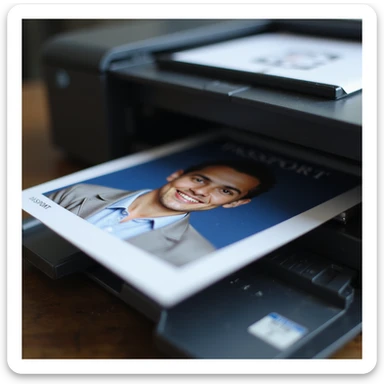 realistic thumbnail for a passport photo printing service, featuring a close-up of a printer with freshly printed passport photos coming out, no other objects sticker