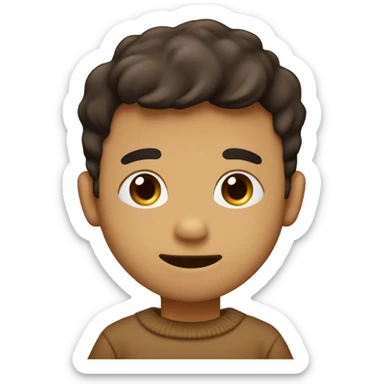 do a boy with tan skin and dark hair with one winking eye wearing a brown sweater that says “puppy”and he has dog ears  sticker