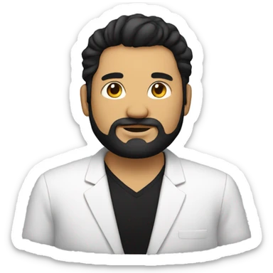 man with lots of black hair and beard, fat , dressed in black blazer with black tshirt sticker