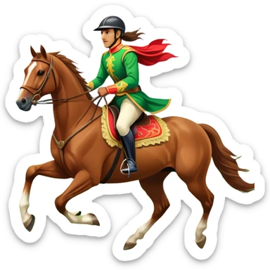 An icon showcasing a majestic horse and rider in full gallop across a lush green field. The background features a clear sky, distant mountains, and a vibrant landscape. The rider wears traditional gear, while the horse leaps with grace and power. Transparent background sticker