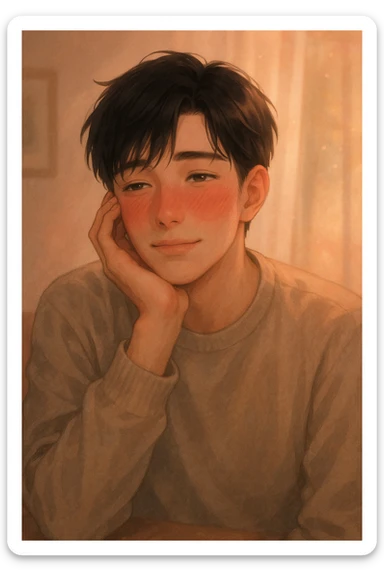 a handsome guy with black hair, looking slightly flushed and dreamy, showing signs of low blood pressure such as a gentle blush and relaxed posture, maybe a hand to his cheek, with subtle romantic hints suggesting his boyfriend is the cause sticker