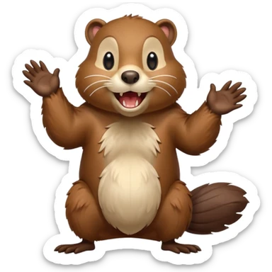  A crazy beaver is standing on its hind legs with its front paws stretched out in front of it. It has a brown fur coat with white fur around its eyes and nose. mouth is open, revealing sharp teeth. More craziness sticker