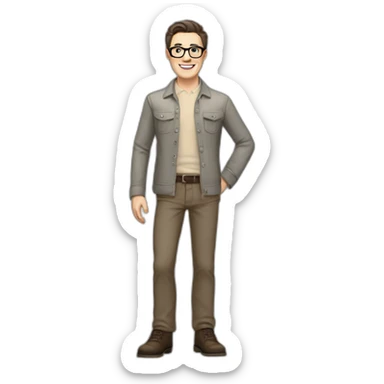Joyful Full height Pale skinned Fit Man With dark brown hair in gray jacket, beige office shirt, Brown pants and vintage glasses. His thrumbs up sticker