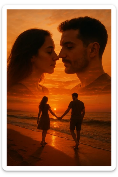 Una doppia esposizione cinematografica di noi di profilo, con un paesaggio di spiaggia al tramonto integrato nella silhouette.
La scena interna ci mostra entrambi camminare sulla sabbia bagnata, tenendoci per mano, con le onde del mare che si infrangono è facile e un cielo colorato dagli ultimi raggi di sole. Atmosfera calda e intima, toni dorati arancioni, dettagli fini ed espressivi, risoluzione 8K. sticker