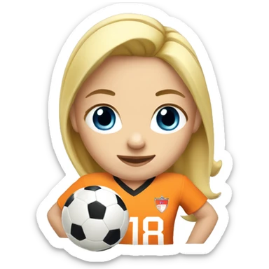 Soccer player girl with blond hair wearing an orange jersey with #18 sticker