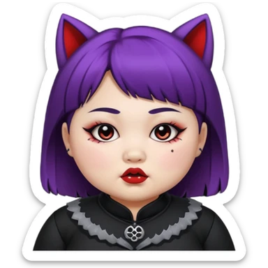 chubby Asian girl, 14, wolf cut, baby face, goth makeup and outfit sticker