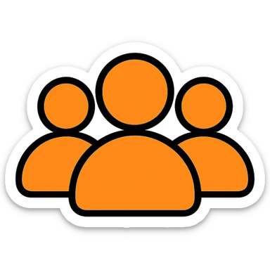 simple icon of a silhouette representing followers: three stylized people in a row, orange color #fe6601, transparent background sticker