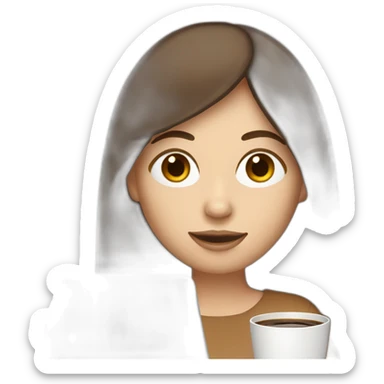 woman with long straight brown hair and pale skin and a laptop on top of her head drinking coffee sticker