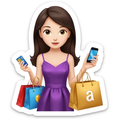 Glam brunette girl calmly choosing one premium shopping bag, giving a small approving nod — quality over quantity sticker