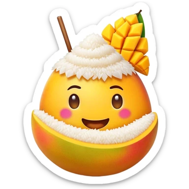 Cinematic Realistic Mango Sticky Rice Dessert Emoji, showcasing sweet sticky rice paired with ripe mango slices and coconut milk rendered with lifelike detail and warm, inviting lighting. sticker