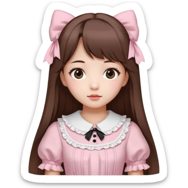 She has fair skin, is Korean, has long straight brown hair, slanted black eyes, with a very Kawaii baby pink lolita dress.  sticker