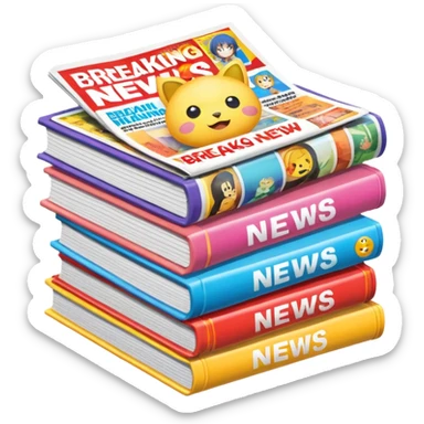 stack of colorful anime magazines with a breaking news banner, emoji style sticker