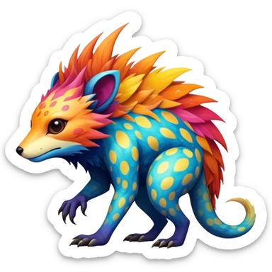 a colorful edgy vernid-fionbri-creature with splash patterns full body sticker