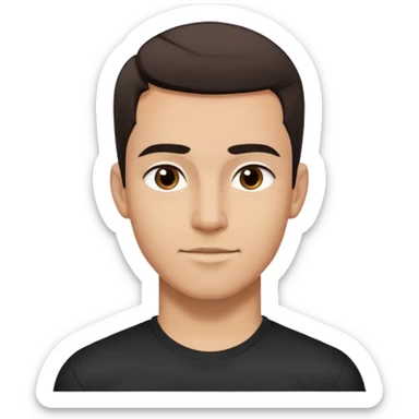 Young man with light brown skin, elongated face, defined jawline, medium dark eyes, arched eyebrows, straight nose, friendly expression, short dark hair styled upward, athletic build, wearing a fitted black t-shirt sticker