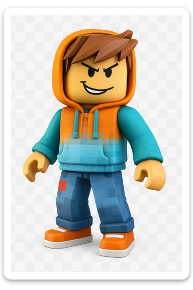 Edit the character in the reference image to have a mischievous expression, keeping the original Roblox style, outfit, and face color exactly as in the reference image. sticker